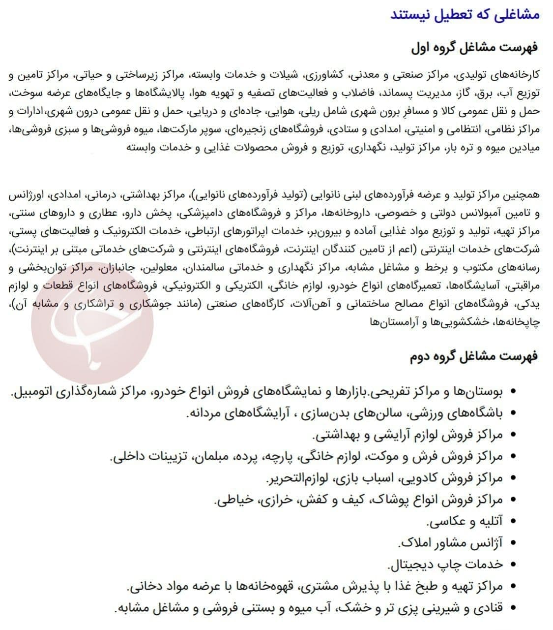 فهرست مشاغلی که از شنبه ( ۱۵ آذر) در تهران تعطیل نیستند
